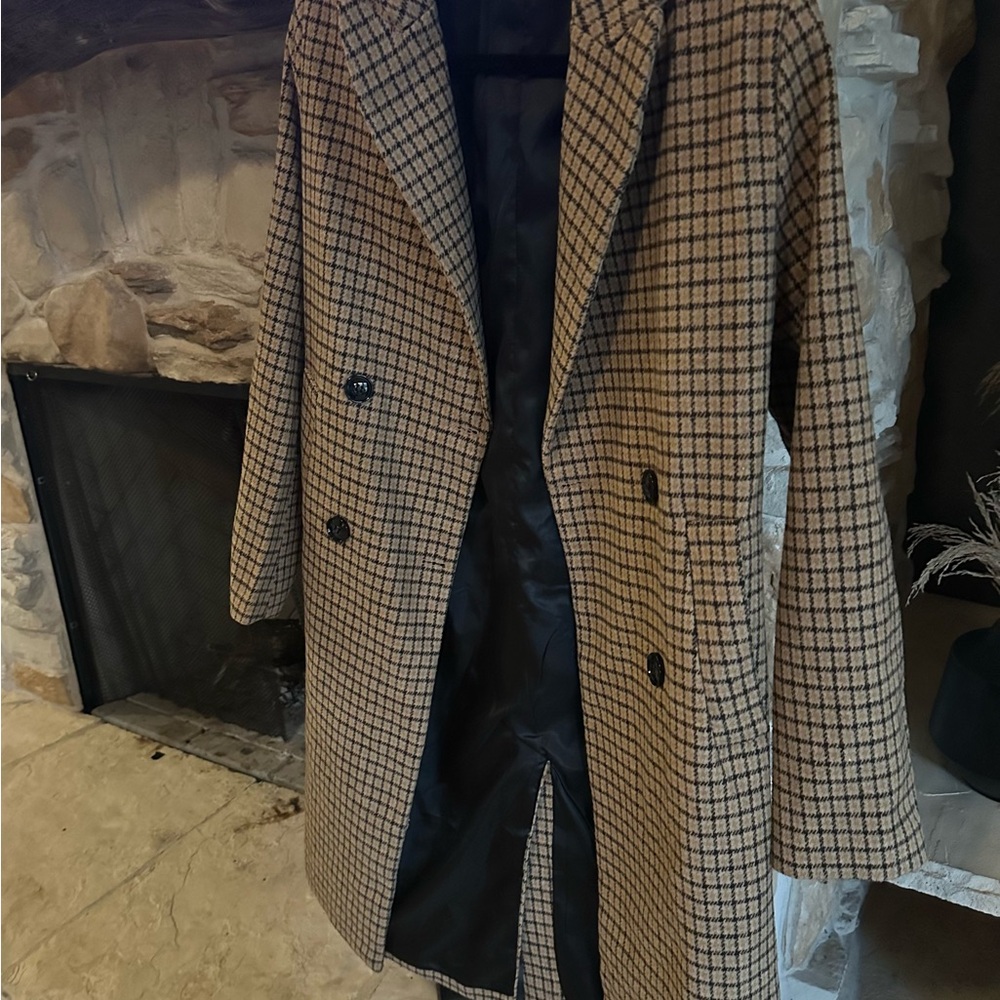 SHEIN Plaid Double-Breasted Coat - Black and Tan